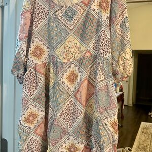 Chic Soul Pastel Patchwork Midi Dress in Pink, Blue, Cream, Yellow, Tan